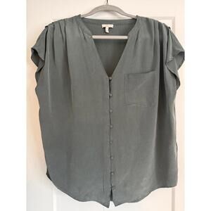 Joie Gray/Green 100% Silk Button Front V-Neck Short Sleeve Blouse Women's Size S